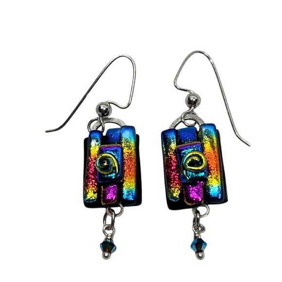 FUSED DICHROIC GLASS Multicolored Hand Crafted Artsy Dangle Earrings - Picture 7 of 13
